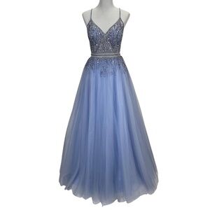 Coya Collection Blue Beaded Tulle A-Line Prom Gown Formal Evening Dress